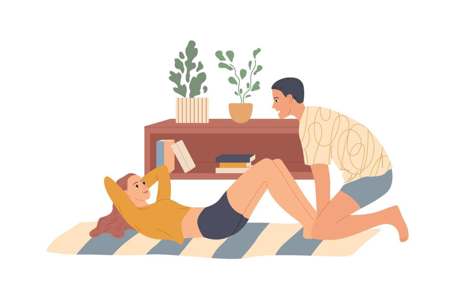 Couple of young people do exercises at home vector