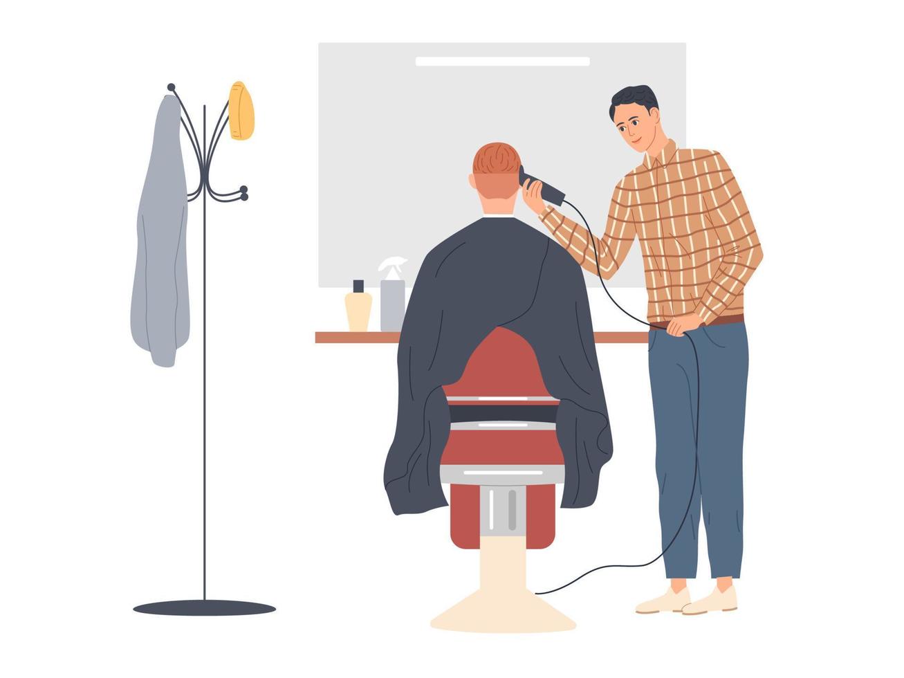 peluquero cortando el cabello de un cliente masculino. vista trasera. vector