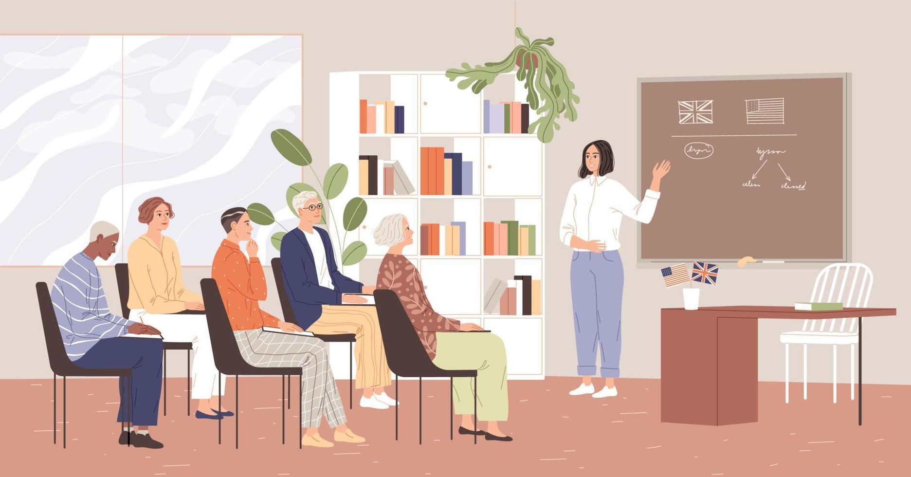 Mature students learn English. A group of elderly people are studying. vector
