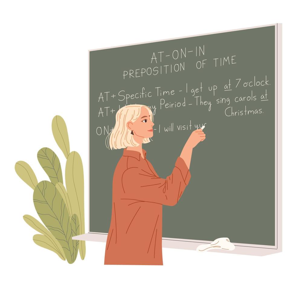 English teacher writes on a chalkboard. Foreign language lesson. vector