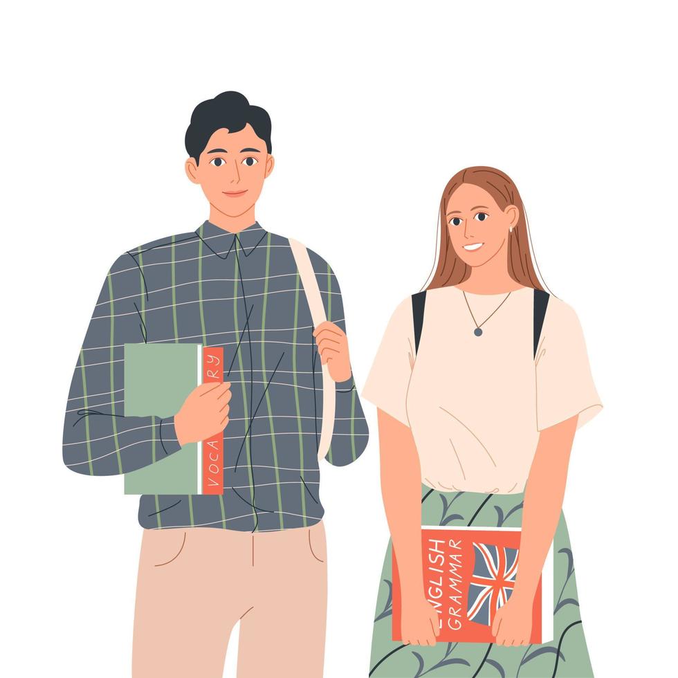 Couple of students with books are standing next to each other. Learning English, education. vector