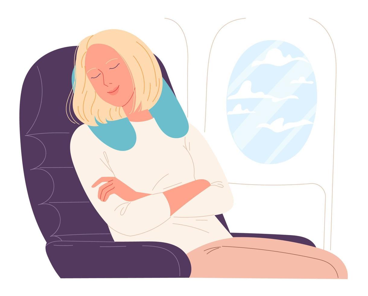 Woman asleep on aircraft flight. illustration. vector