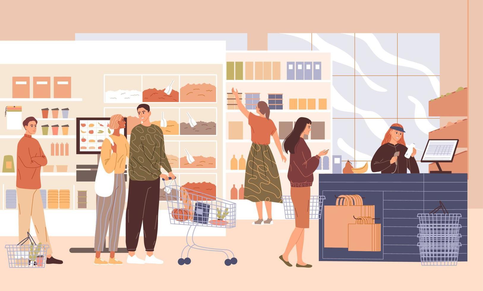 People in the supermarket buying groceries  illustration vector