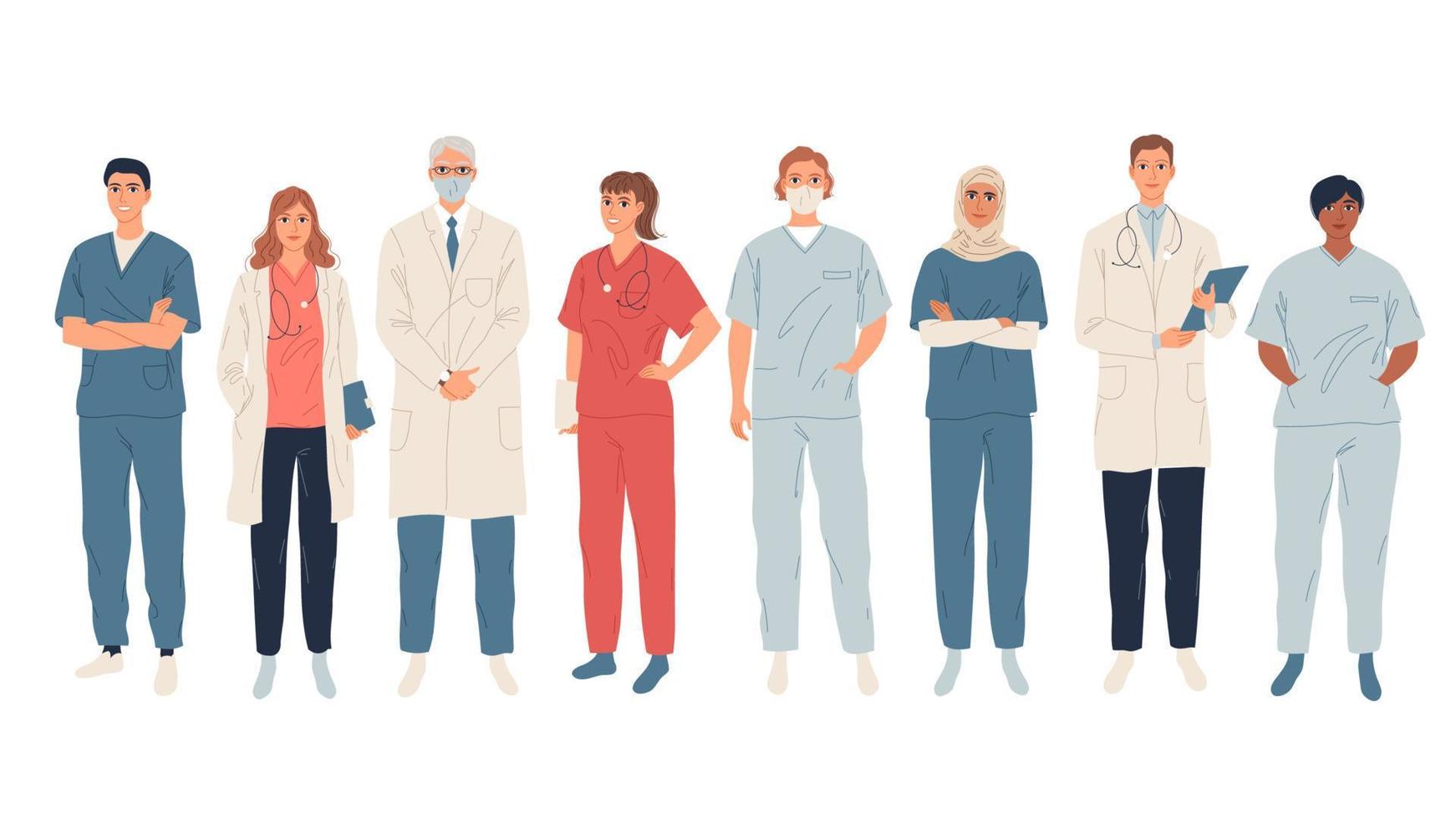 Doctors, medical workers, medics and nurses. Representatives of different medical specialties. vector
