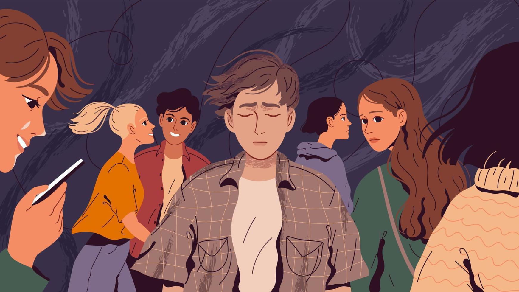 Lonely, suffering man in a crowd of people who do not notice him 9271153  Vector Art at Vecteezy