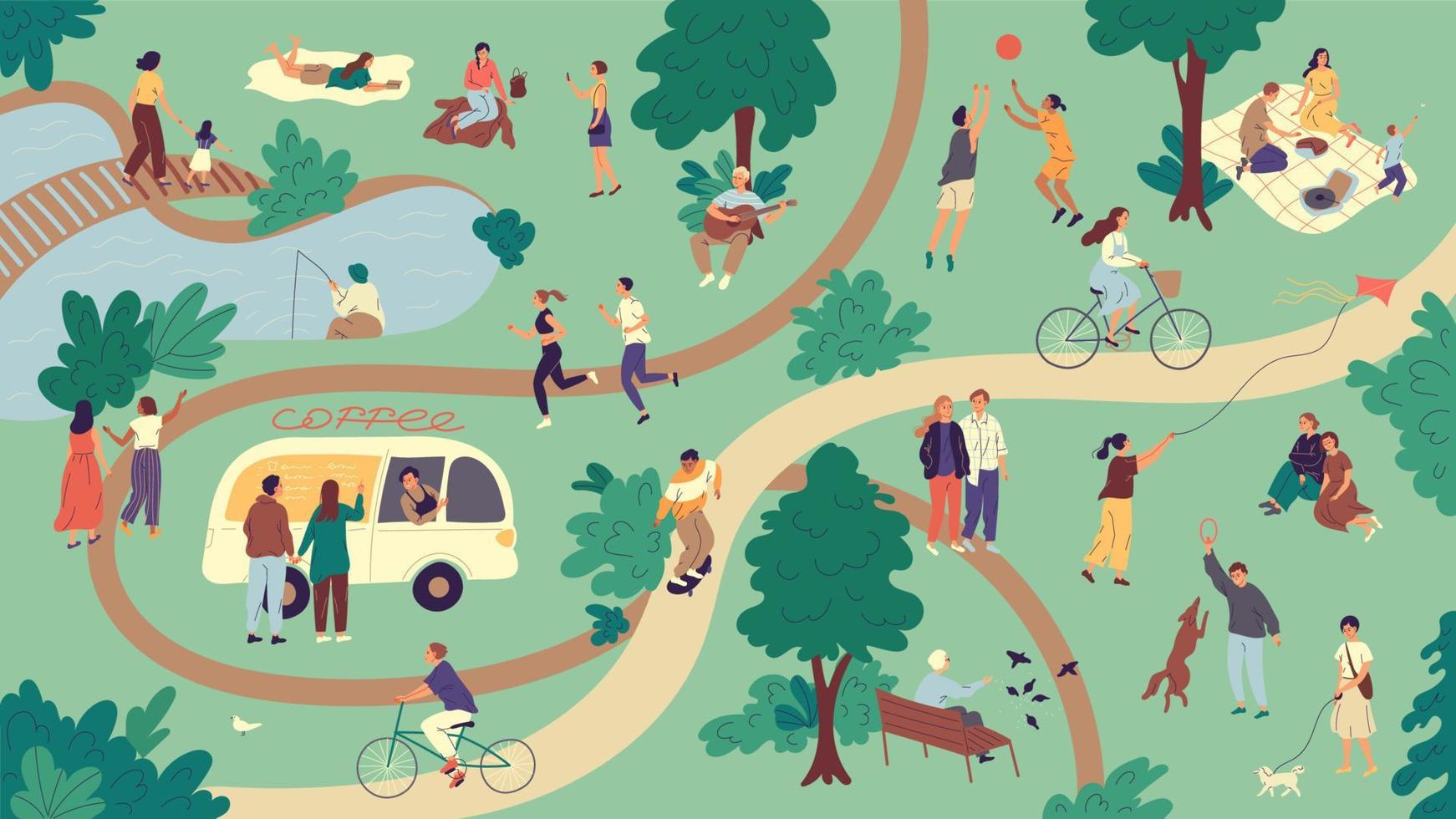 People spend their free time in a summer park on a weekend day vector