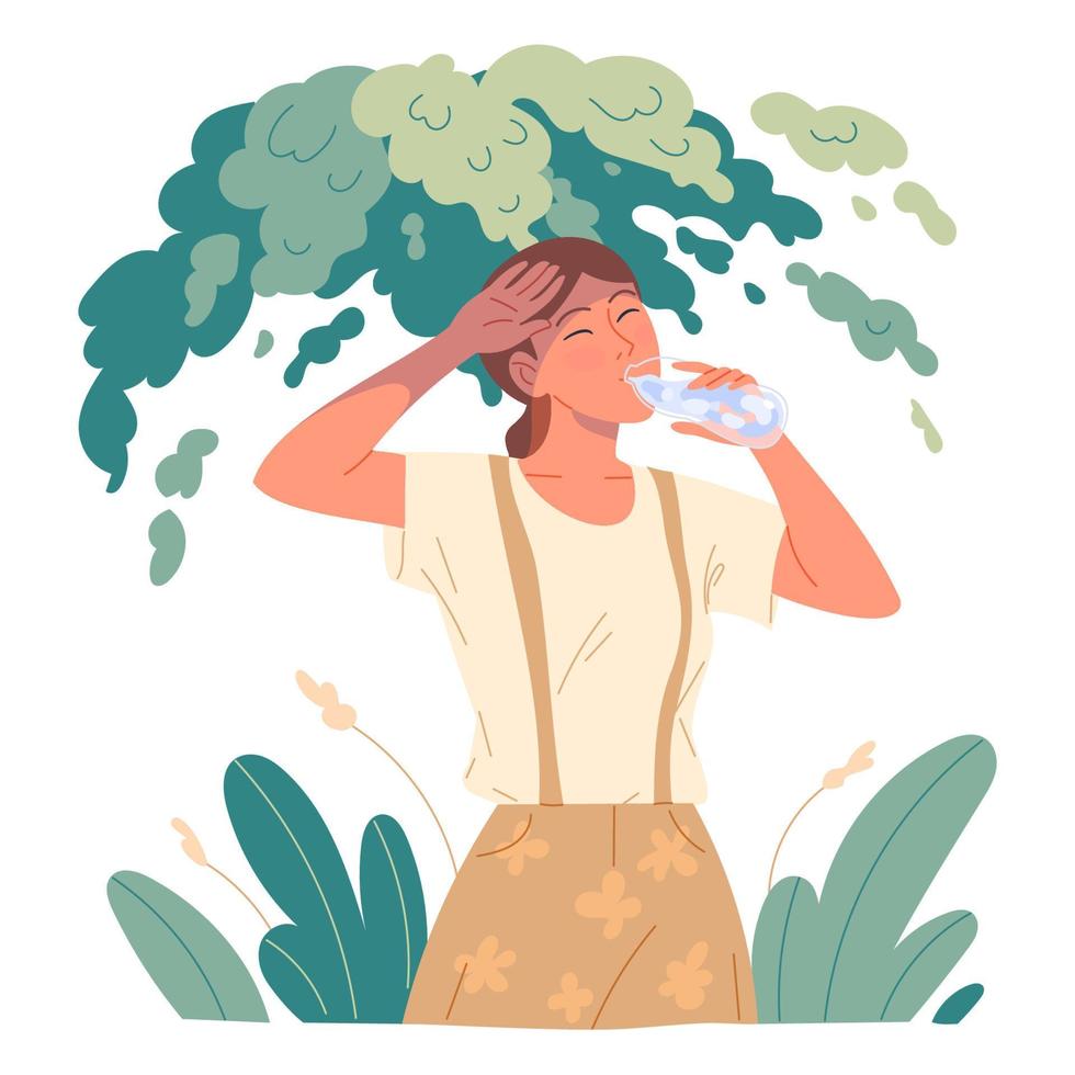 Girl drinking water to quench her thirst she hid from the scorching sun under a tree in the heat. vector