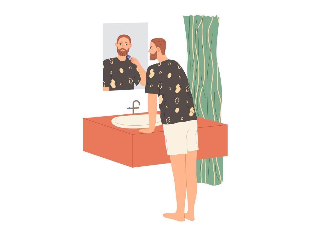 Man shaves his beard with an electric razor while standing in the bathtub by the mirror. vector