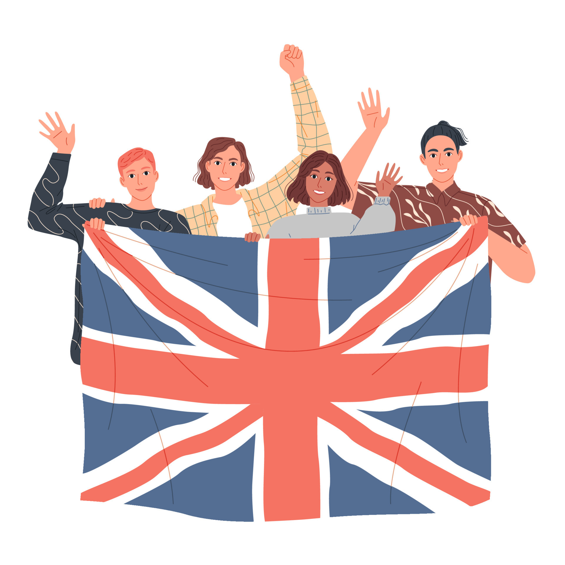 Group of people are holding the British flag. Learn English. 9271196