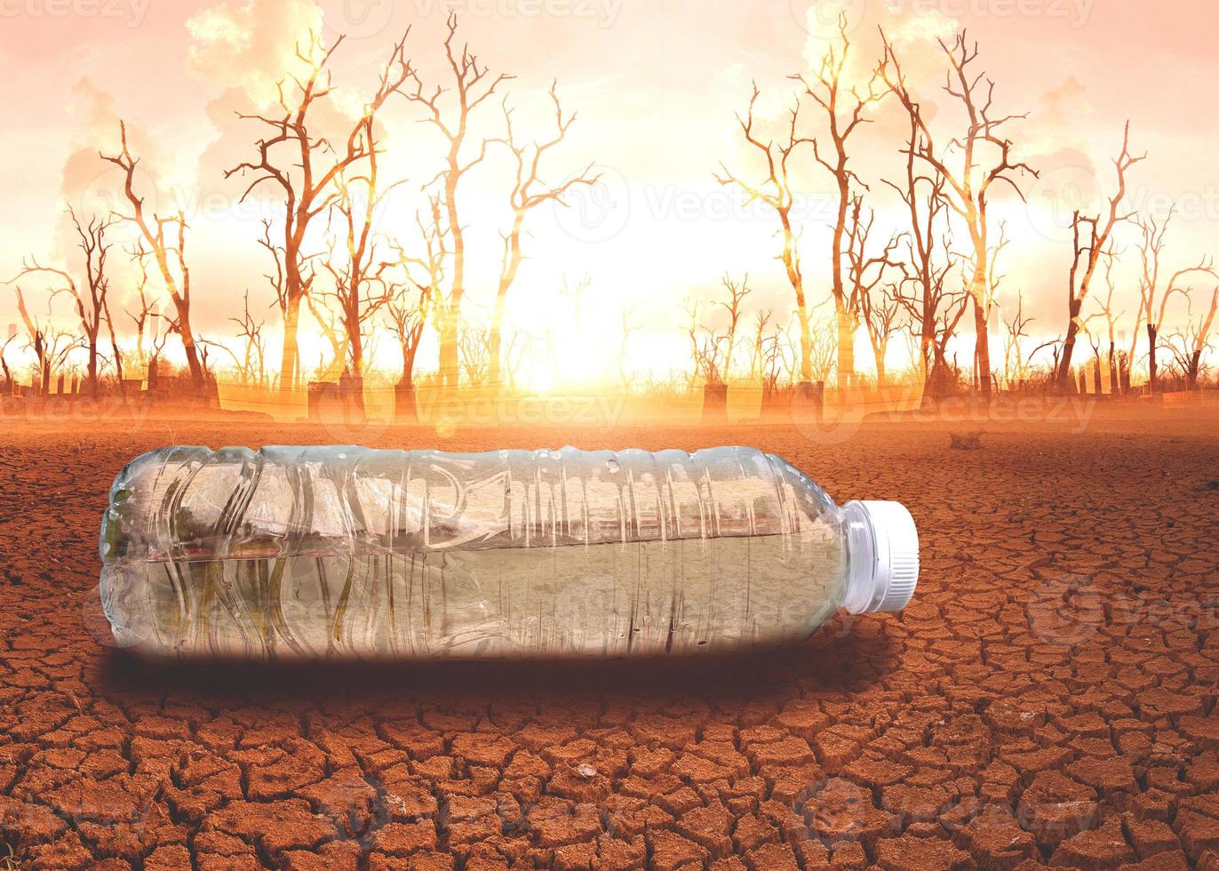concept of water scarcity Drought due to global warming. Water bottles placed in drought and broken soil areas photo
