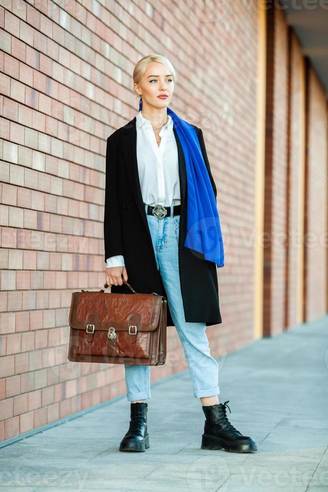Portrait Of Successful Business Woman. Blonde european girl. Russian business lady. Hipster girl outfits. photo