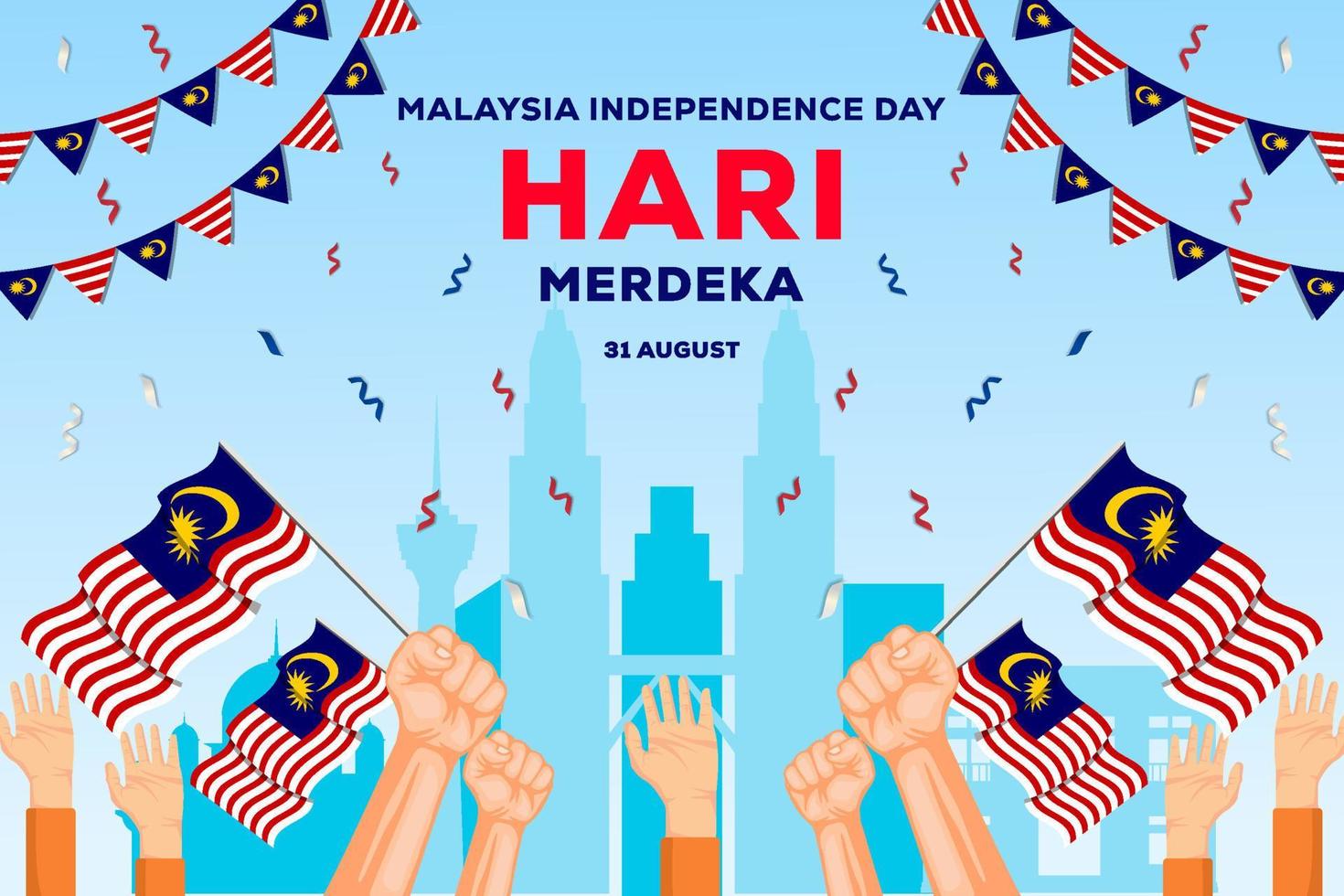 día de la independencia de malasia 31 de agosto ilustración de fondo con manos sosteniendo banderas de malasia vector