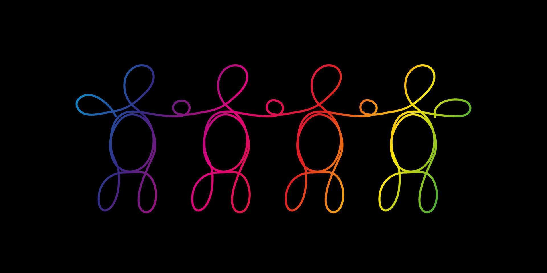 Line art diversity, LGBTQ concept. A group of four different people drawn with one line, rainbow colors on black. vector