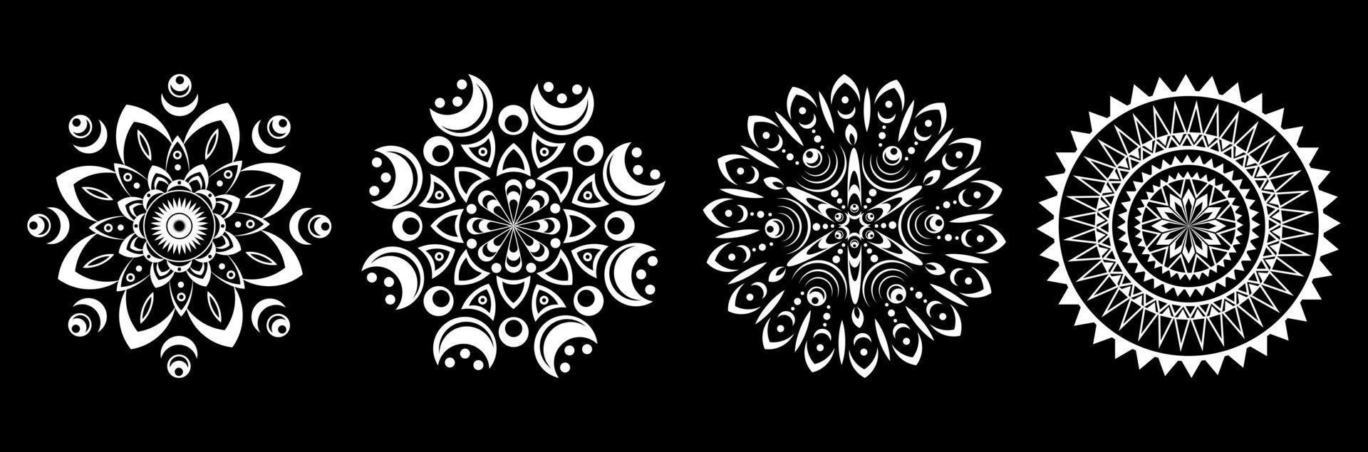 Set of white mandalas on a black background. Round pattern, floral ornament. Beautiful symmetrical element. Antistress, relaxation vector