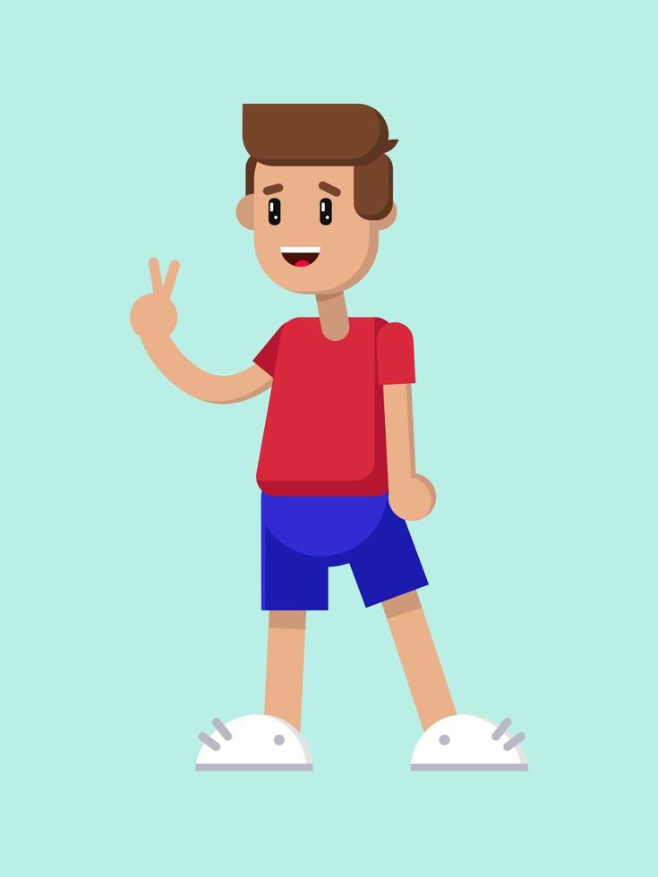 un tipo aislado de cuerpo entero con una camiseta roja y pantalones cortos azules muestra con su mano victoria y sonrisas. ilustración plana vector