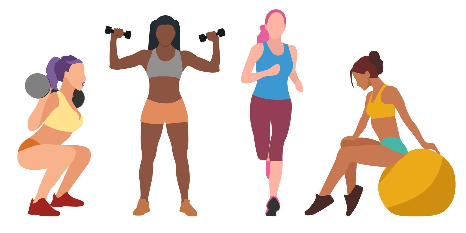 una colección de cuatro mujeres diferentes se dedican a los deportes. gimnasia, carrera, levantamiento de pesas, fitness. vida saludable vector