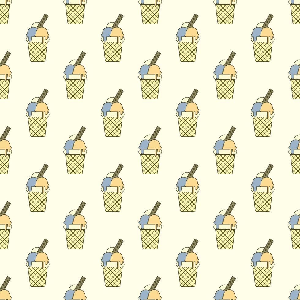 Seamless pattern with colorful ice cream balls and a straw in a waffle cup on a beige background. The concept of sweets, delicious food, cafe, walks vector