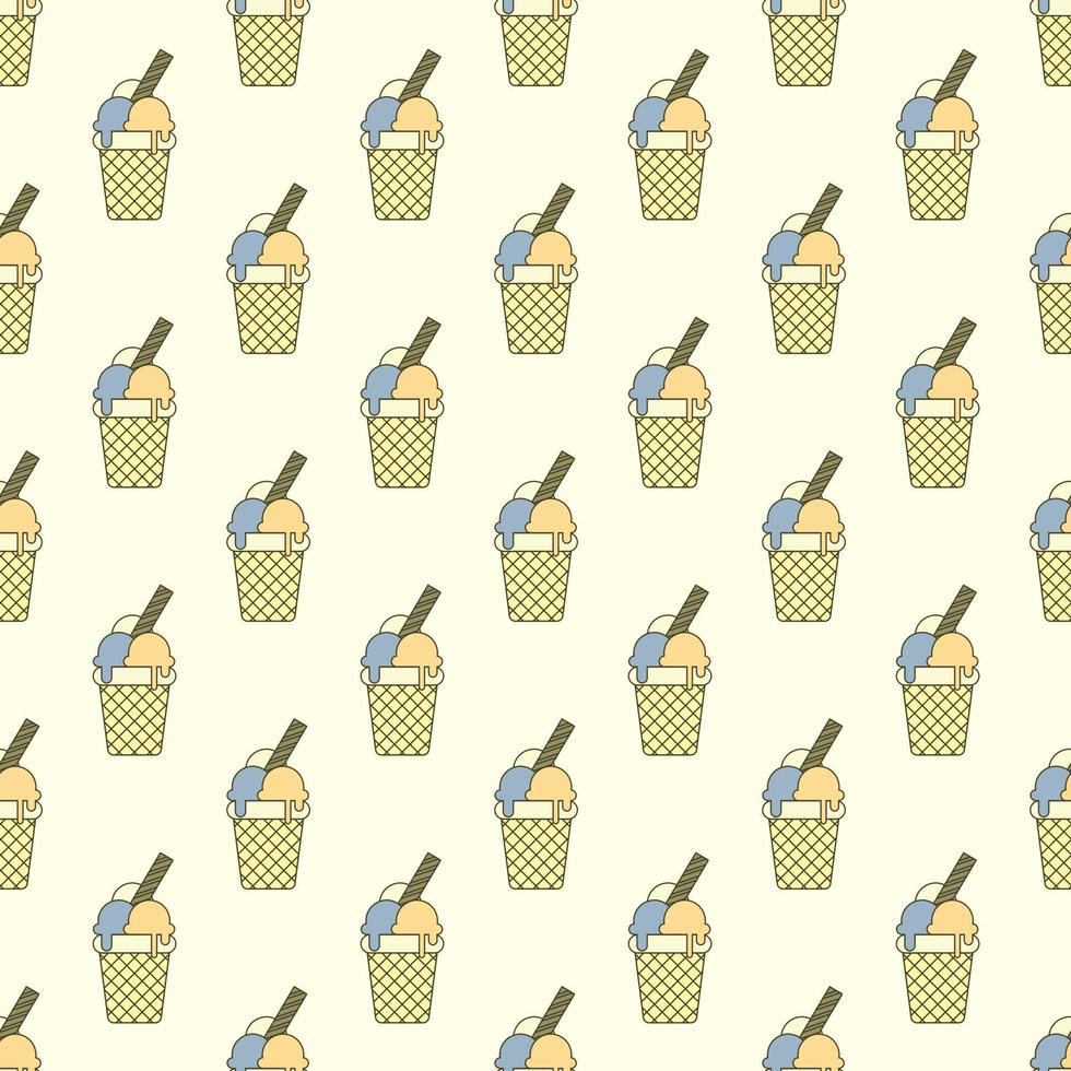 Seamless pattern with colorful ice cream balls and a straw in a waffle cup on a beige background. The concept of sweets, delicious food, cafe, walks vector