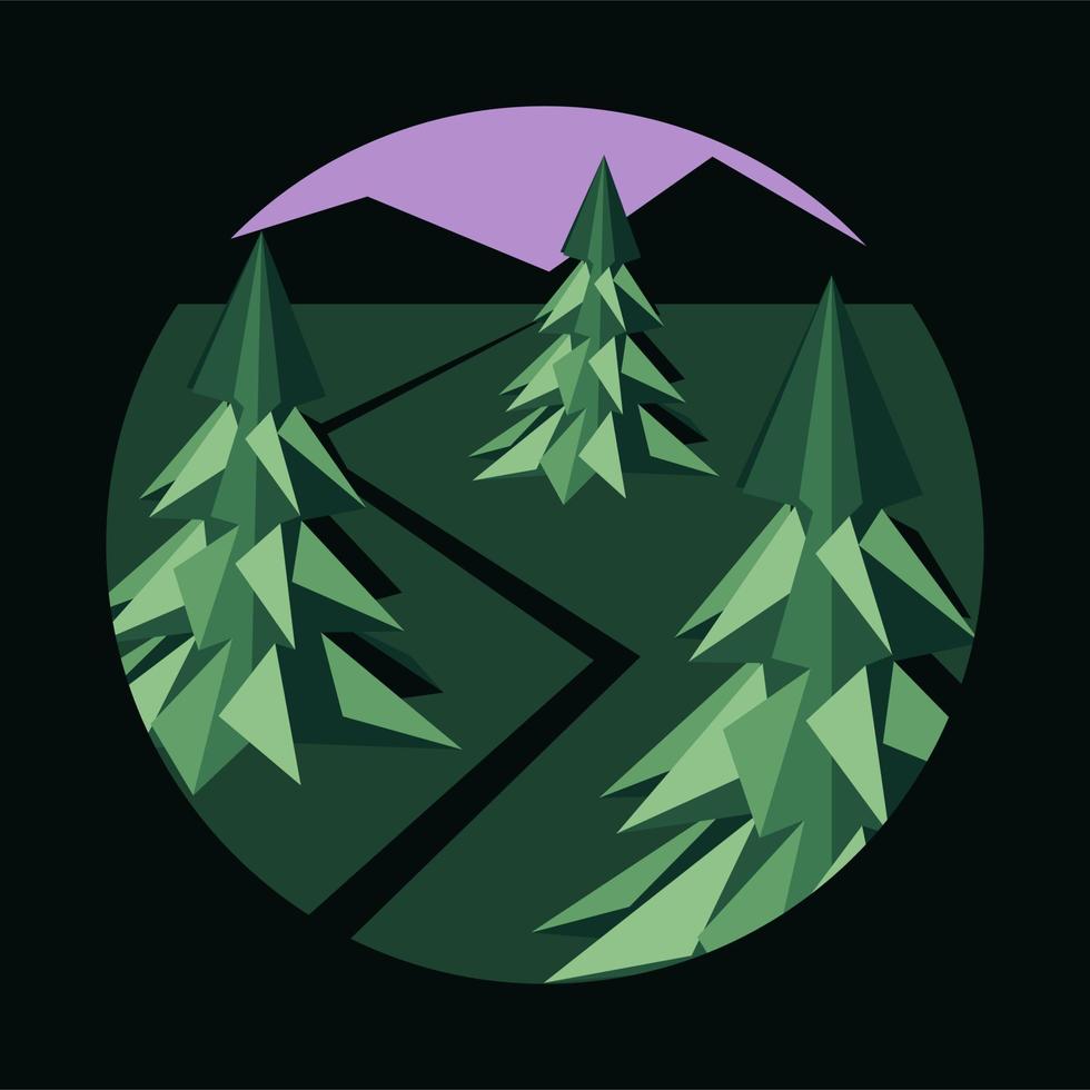 Graphic stylish illustration in a circle. Evening landscape with Christmas trees, road and mountains. vector