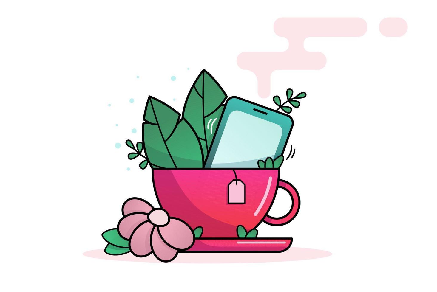 taza de té rosa con platillo, elementos decorativos naturales - flores y hojas. la taza contiene un teléfono inteligente que vibra. hermosa ilustración, icono sobre fondo blanco vector