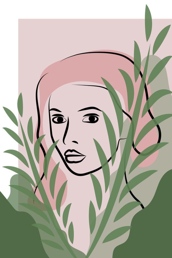 una simple silueta de una mujer con labios carnosos. línea negra sobre fondo rosa con hojas verdes. estilo minimalista de arte de línea de retrato. vector