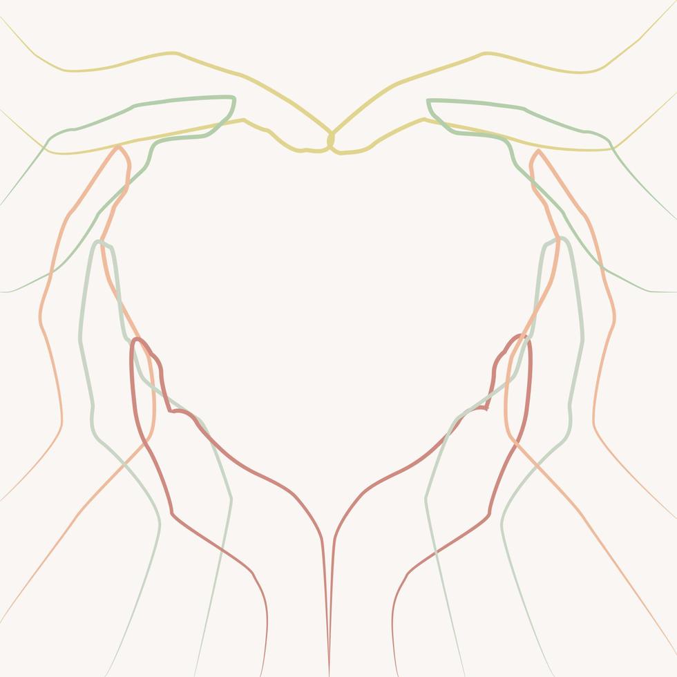 Hands in the style of line art in the shape of a heart. Different colors lines. Friendship, love, togetherness, team work vector