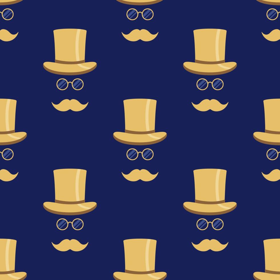 Seamless pattern with a stylish gentleman wearing a top hat, glasses and a mustache. Trendy dark blue and golden colors vector