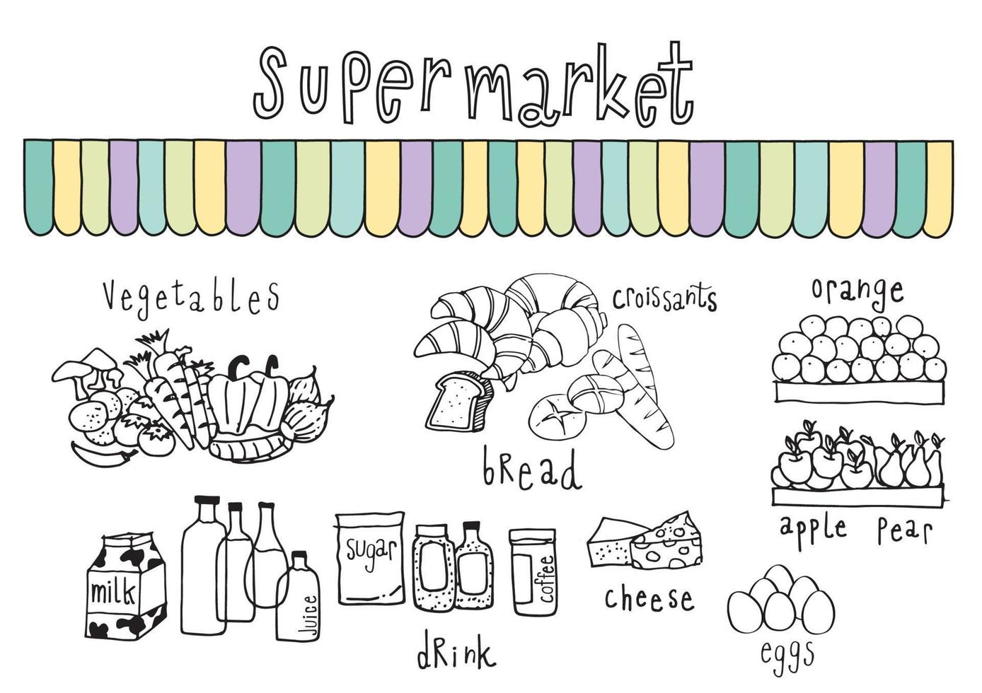 fondo de tienda de comercio electrónico en línea blanco de doodle de supermercado vector