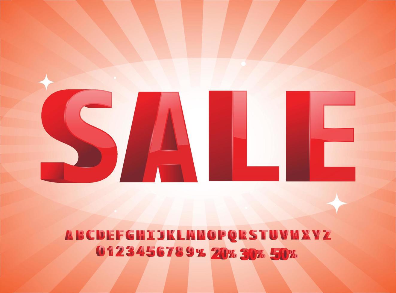 Vector bright Banner Sale. Trendy red 3D Font. Artistic Alphabet Letters and Numbers.