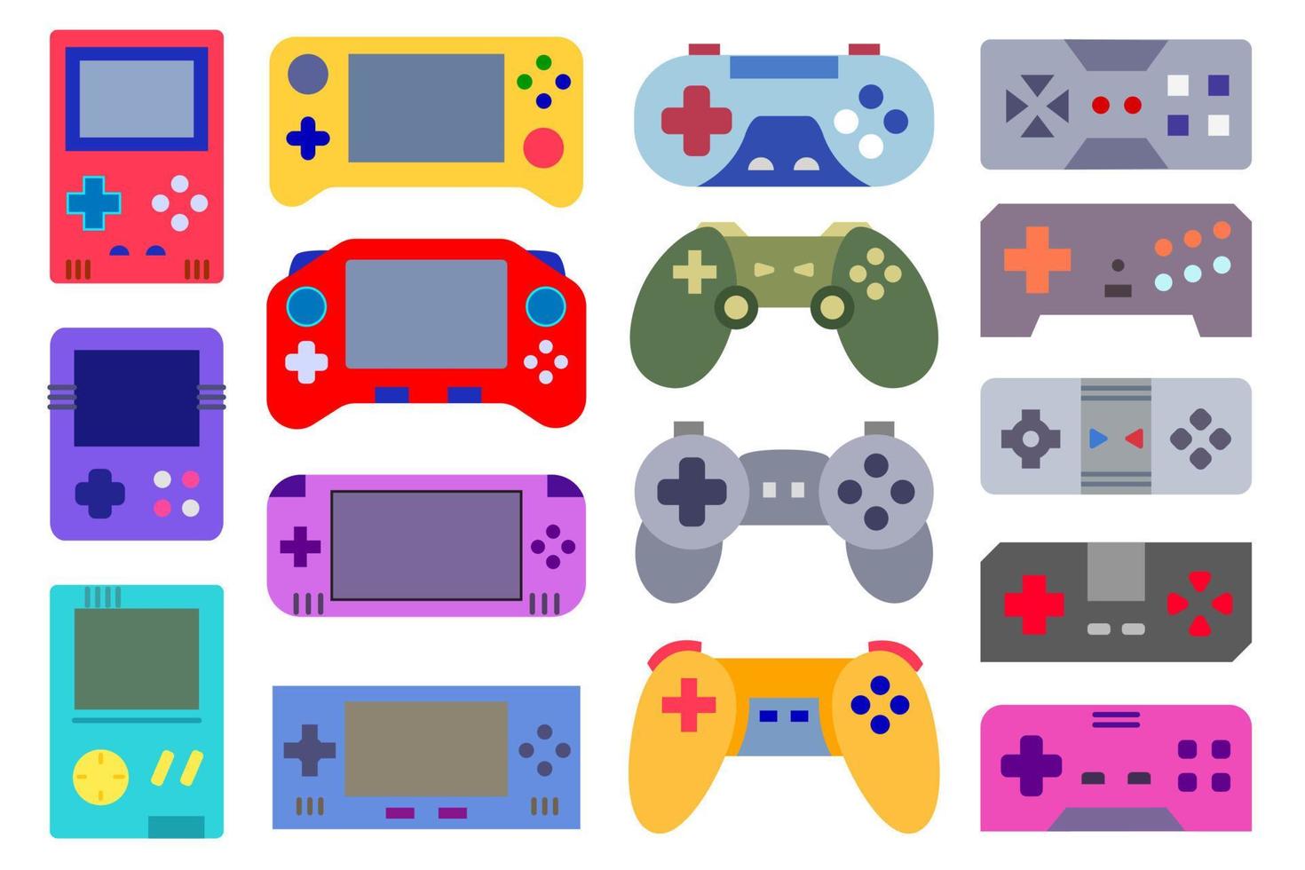 Video game gadgets set. Collection of colorful portable handheld video game consoles and wireless game controllers. Red, yellow, blue, purple flat vector illustrations, isolated on white background,