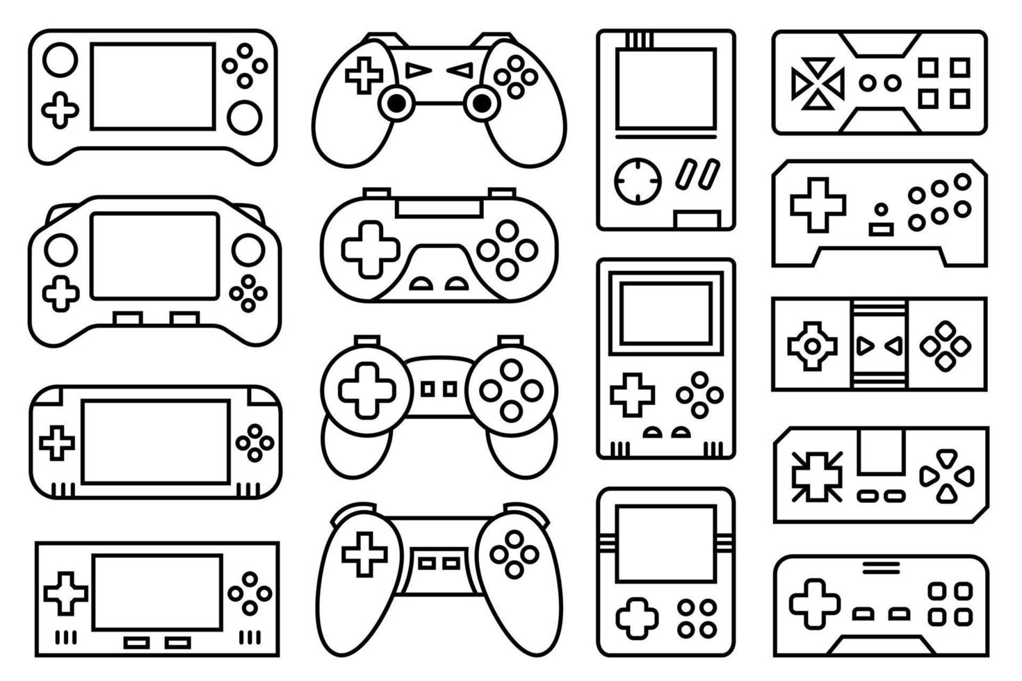 conjunto de ilustración de gadgets de videojuegos en blanco y negro. colección de controladores de videojuegos inalámbricos y consolas de juegos portátiles, con una delgada línea negra. ilustración vectorial de contorno. 9274538