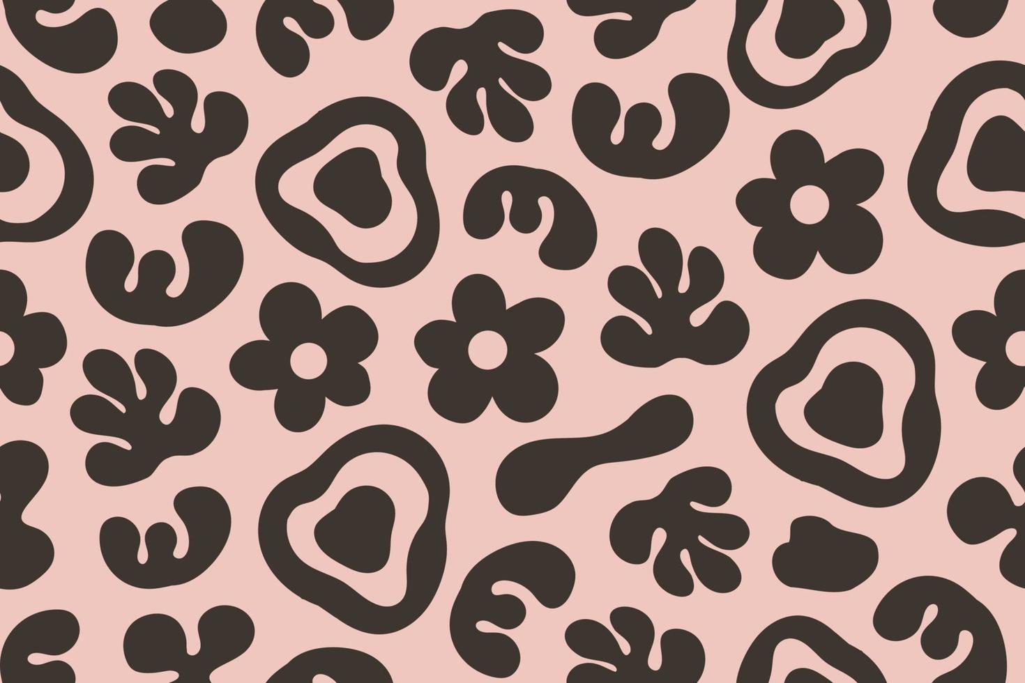 Abstract seamless pattern wit flat geometric shapes, abstract organic shapes and flowers in pink and brown colors. vector