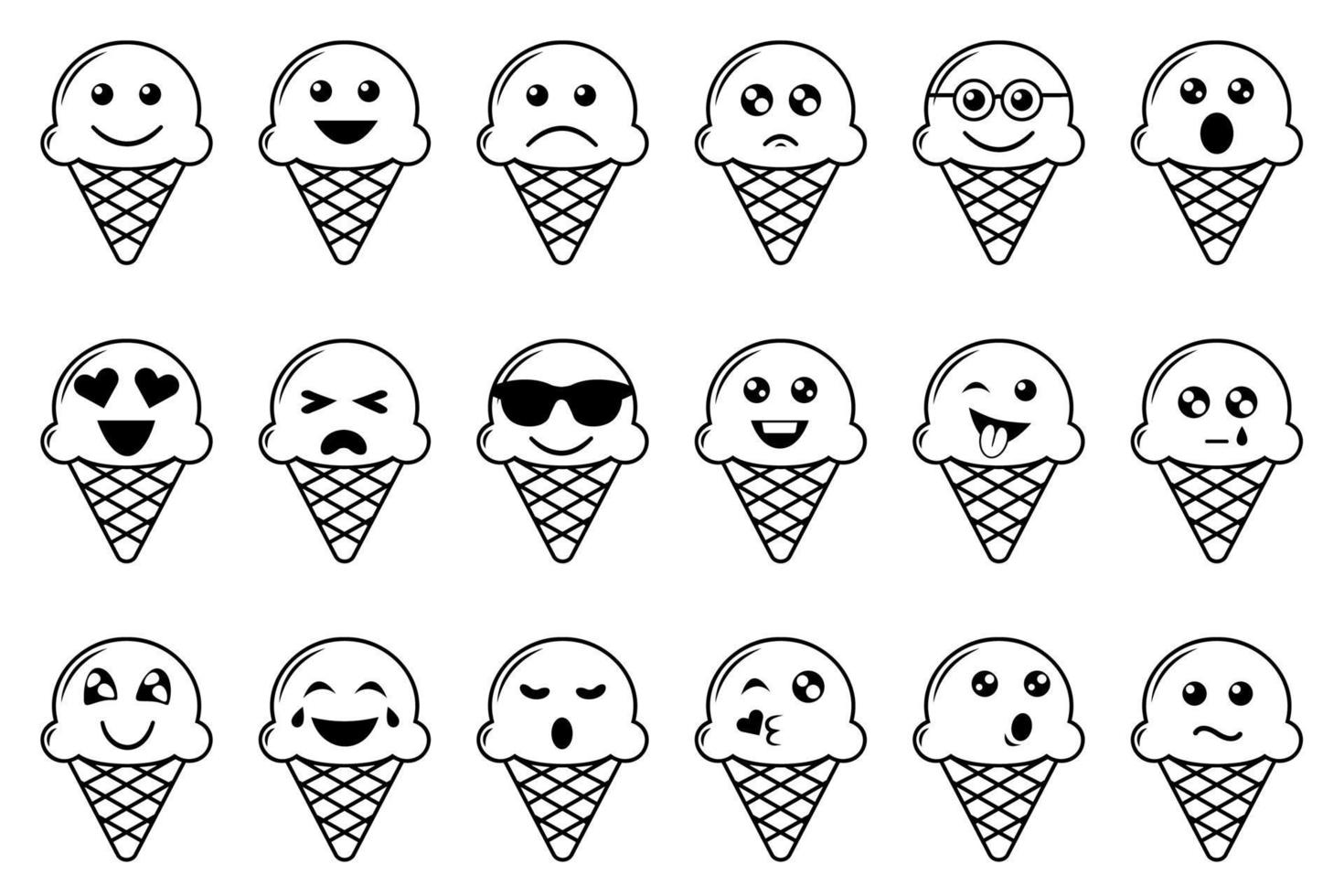 Ice cream vector emoticons set. Collection of waffle cone ice cream collection with black thin line isolated on white background.