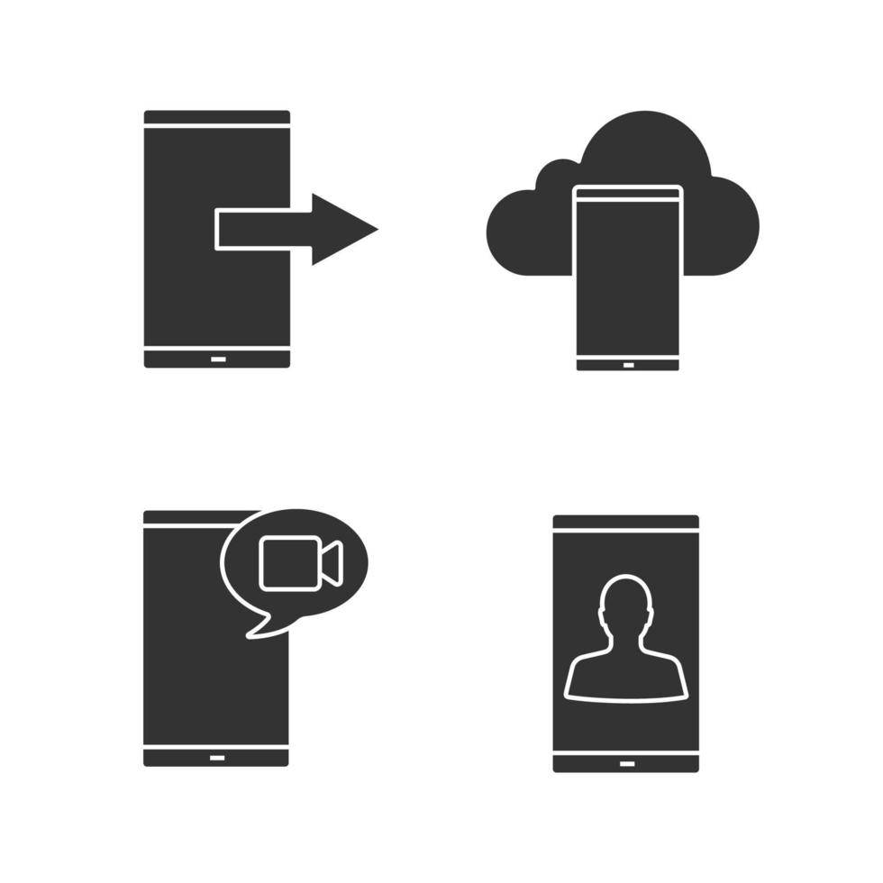 Phone communication glyph icons set. Data transfer, smartphone cloud storage, video message, smartphone user. Silhouette symbols. Vector isolated illustration