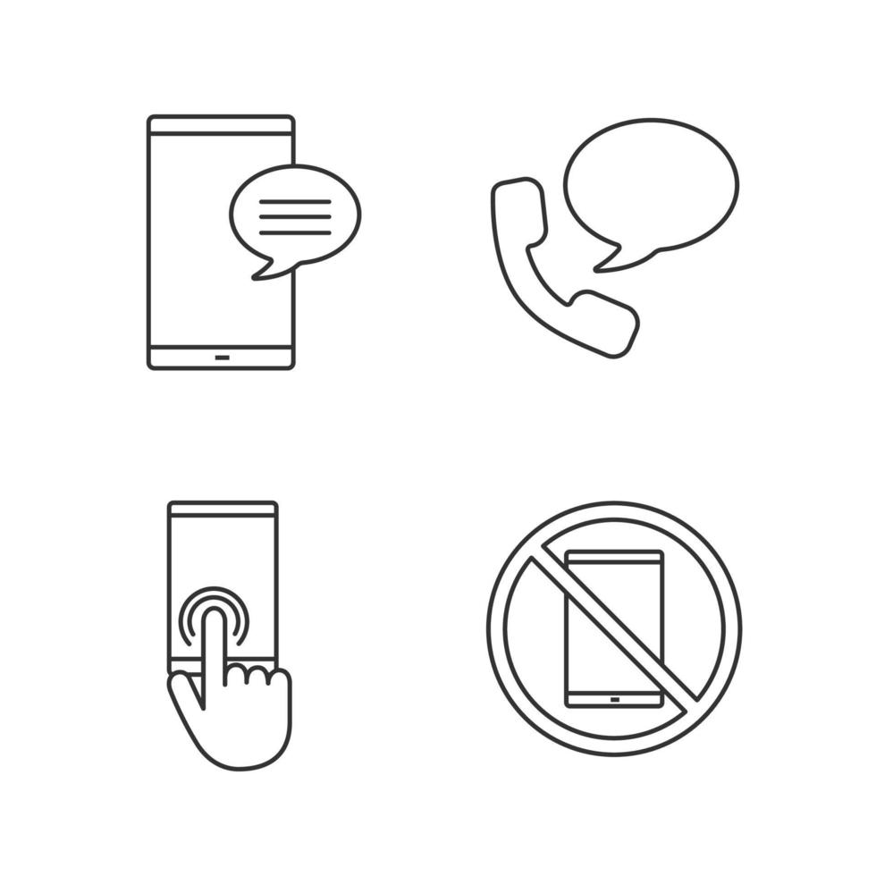 Phone communication linear icons set. Chatting, voice message, touchscreen, smartphone prohibition. Thin line contour symbols. Isolated vector outline illustrations