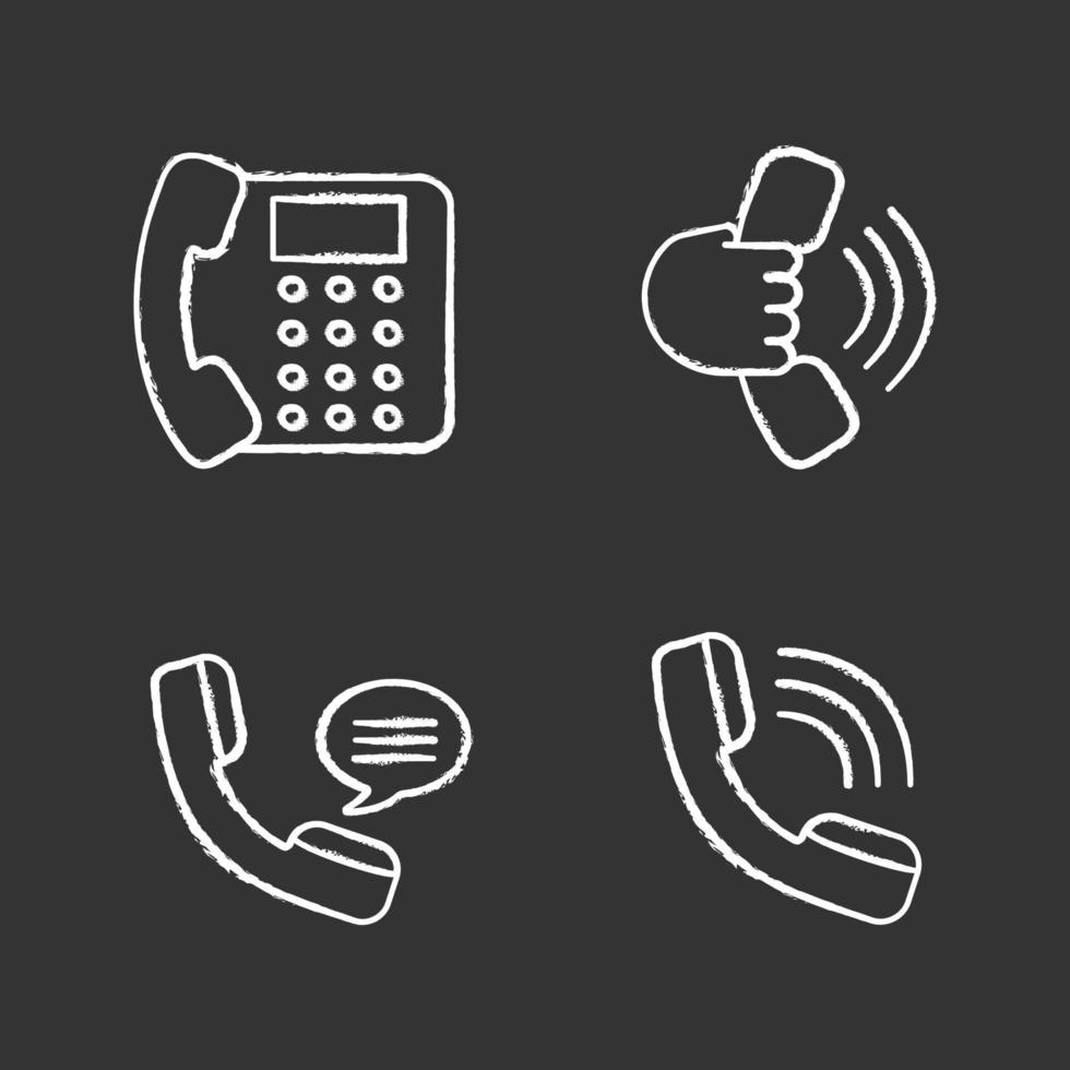Phone communication chalk icons set. Landline phone, handset in hand, incoming call, voice message. Isolated vector chalkboard illustrations