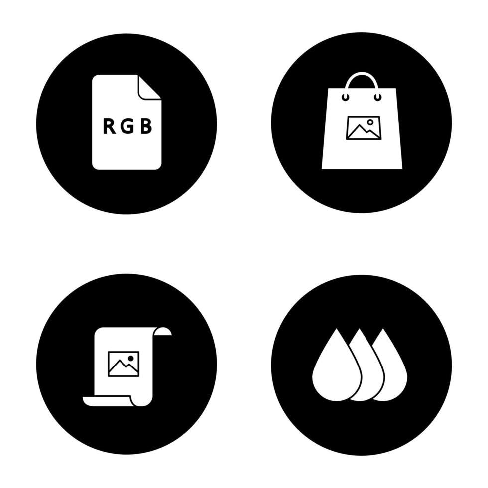 Printing glyph icons set. Polygraphy and typography. RGB color model, printing on shopping bags, paper with image, cartridge ink drops. Vector white silhouettes illustrations in black circles
