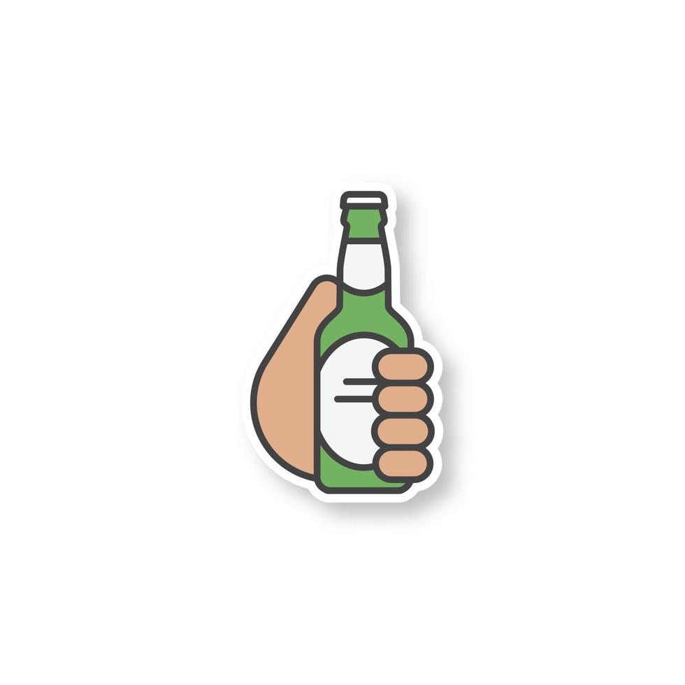 Hand holding beer bottle patch. Cheers. Toasting hand. Color sticker. Vector isolated illustration