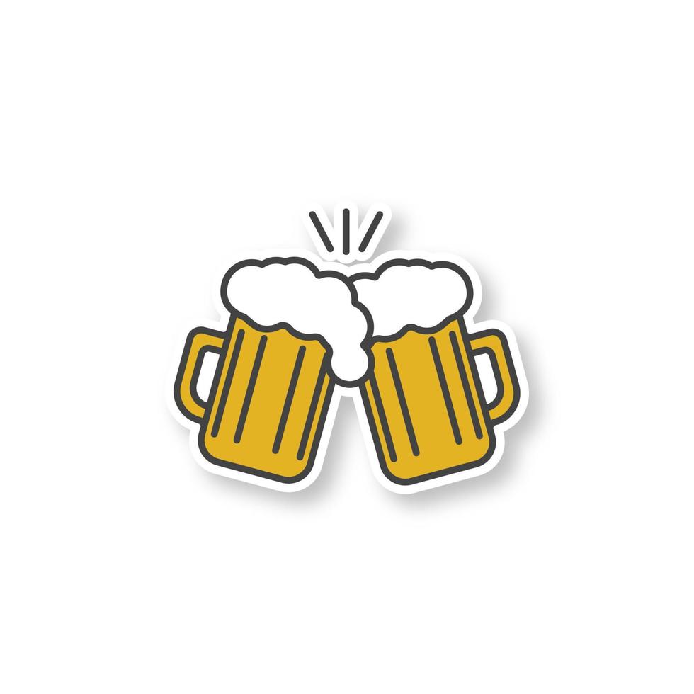 Toasting beer glasses patch. Cheers. Two foamy beer glasses. Color sticker. Vector isolated illustration