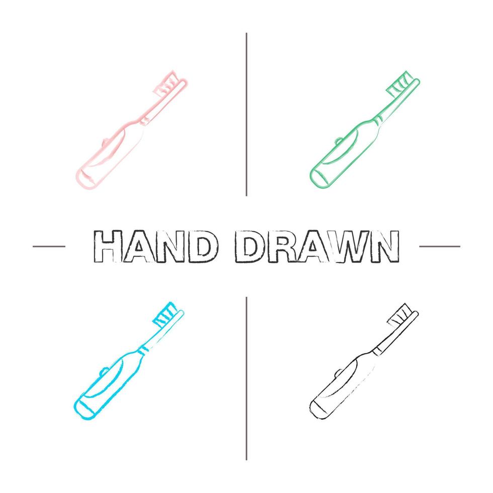 Electric toothbrush hand drawn icons set. Color brush stroke. Teeth cleaning. Isolated vector sketchy illustrations