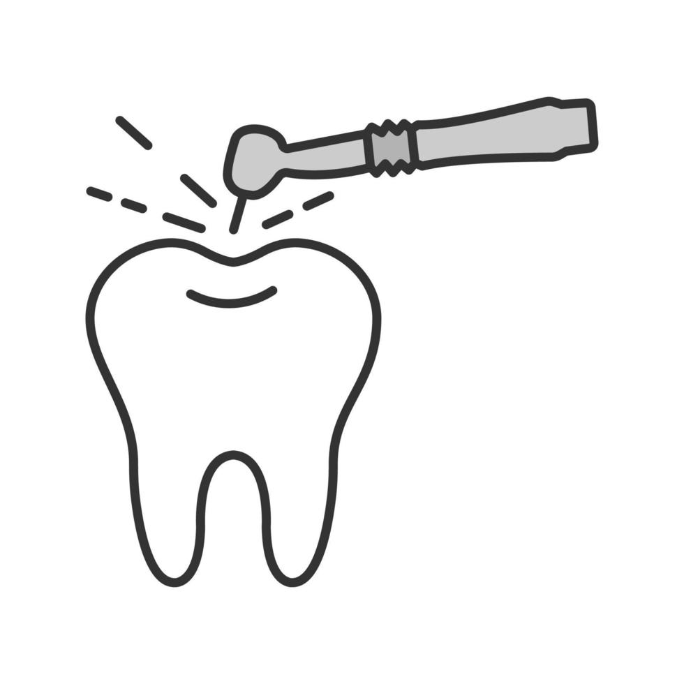 Tooth drilling process color icon. Dentistry. Dental handpiece. Isolated vector illustration