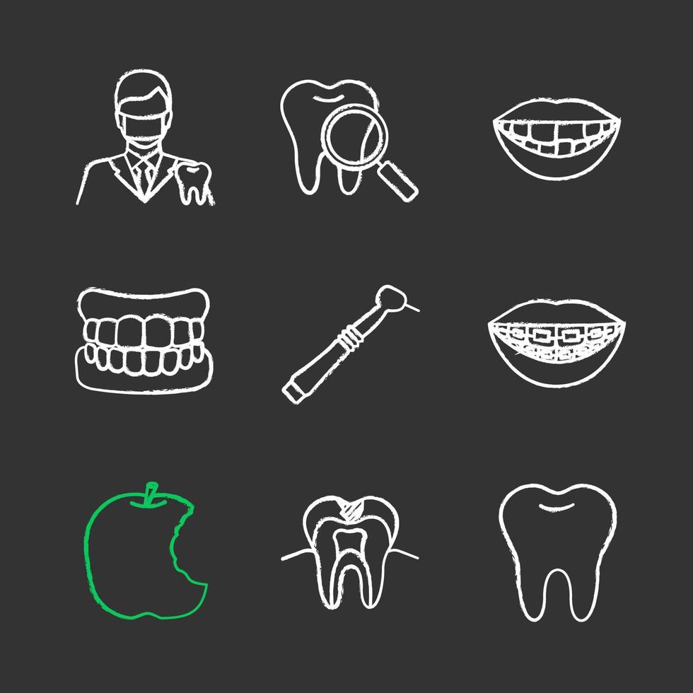 Dentistry chalk icons set. Stomatology. Dentist, teeth check, denture, missing tooth, dental drill, braces, bitten apple, caries, healthy molar. Isolated vector chalkboard illustrations