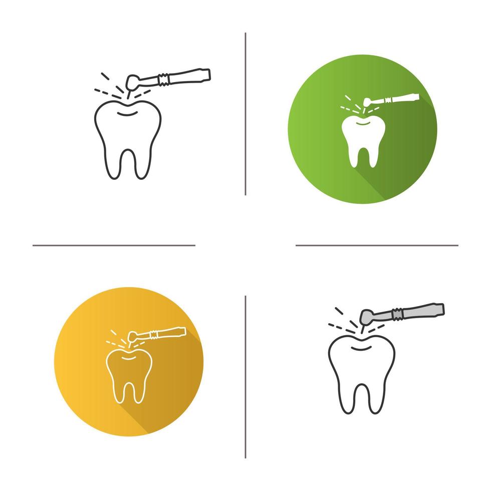 Tooth drilling process icon. Dentistry. Dental handpiece. Flat design, linear and color styles. Isolated vector illustrations
