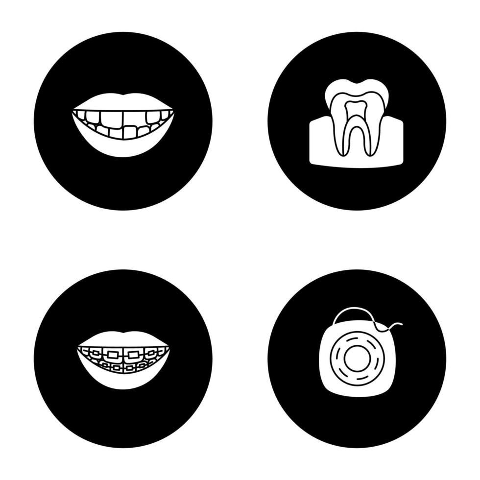 Dentistry glyph icons set. Stomatology. Missing tooth, teeth structure, braces, dental floss. Vector white silhouettes illustrations in black circles