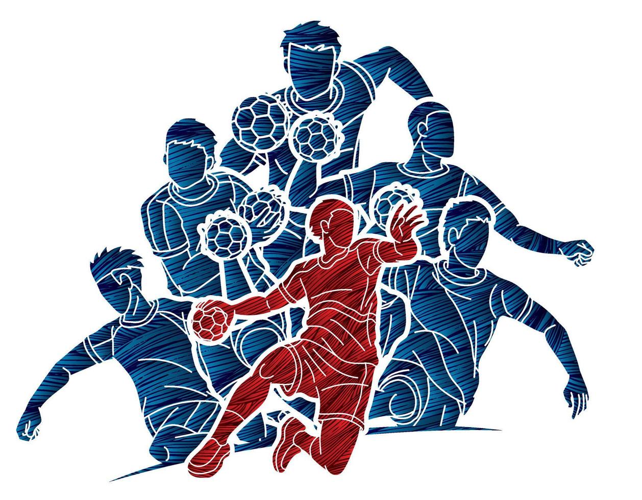 grupo de jugadores de balonmano hombres acción deportiva de dibujos animados vector