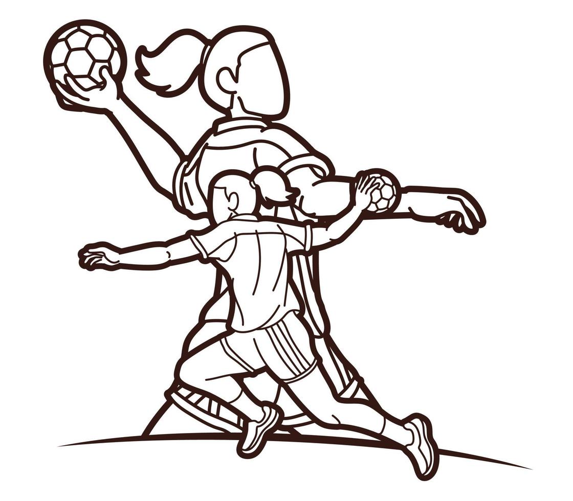 Outline Group of Handball Female Players Sport Team Action vector