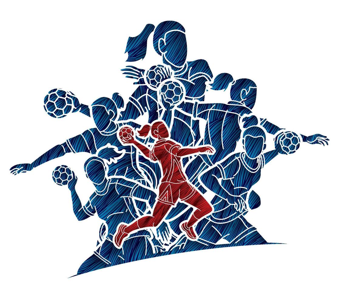 Group of Handball Female Players Sport Team Action Cartoon Graphic Vector