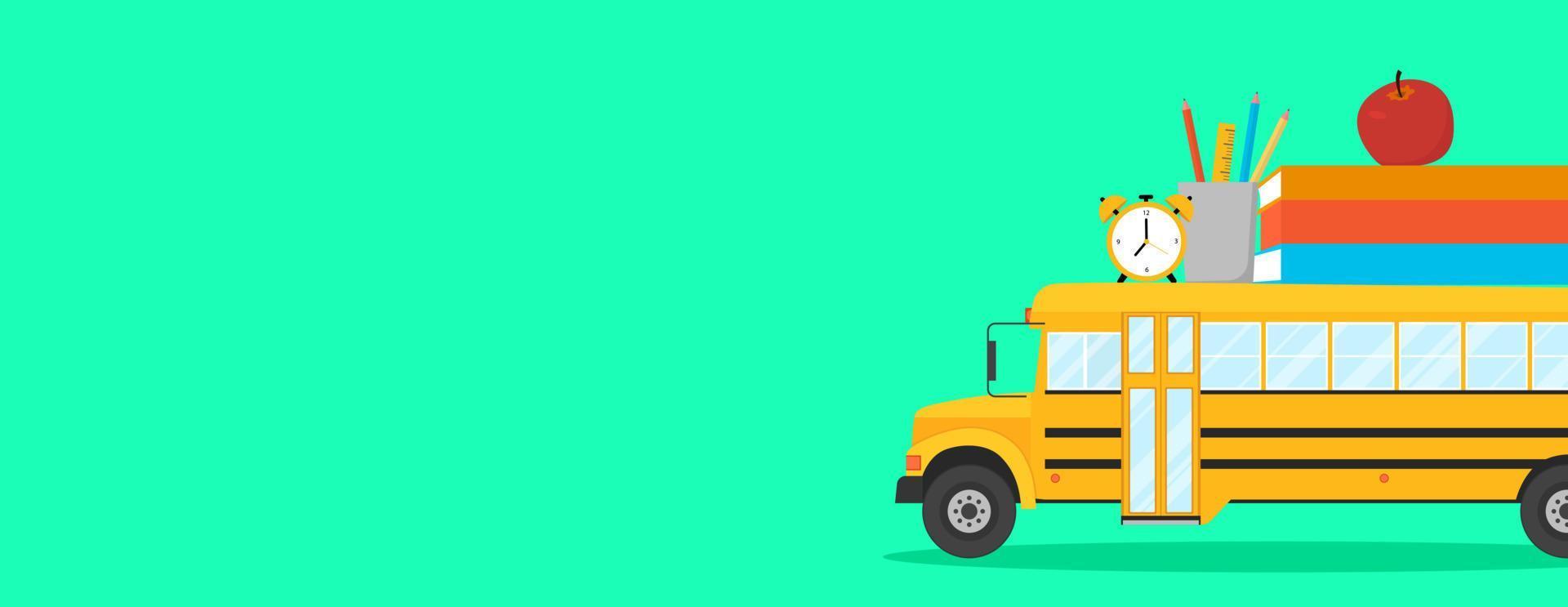 School bus with books and pencils. Back to school vector banner