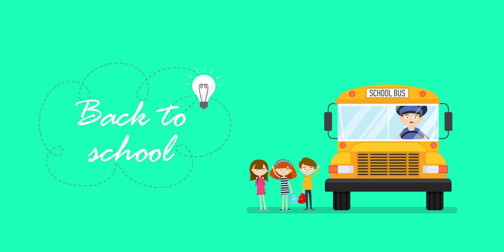 School bus with driver and children. Back-to-school vector banner