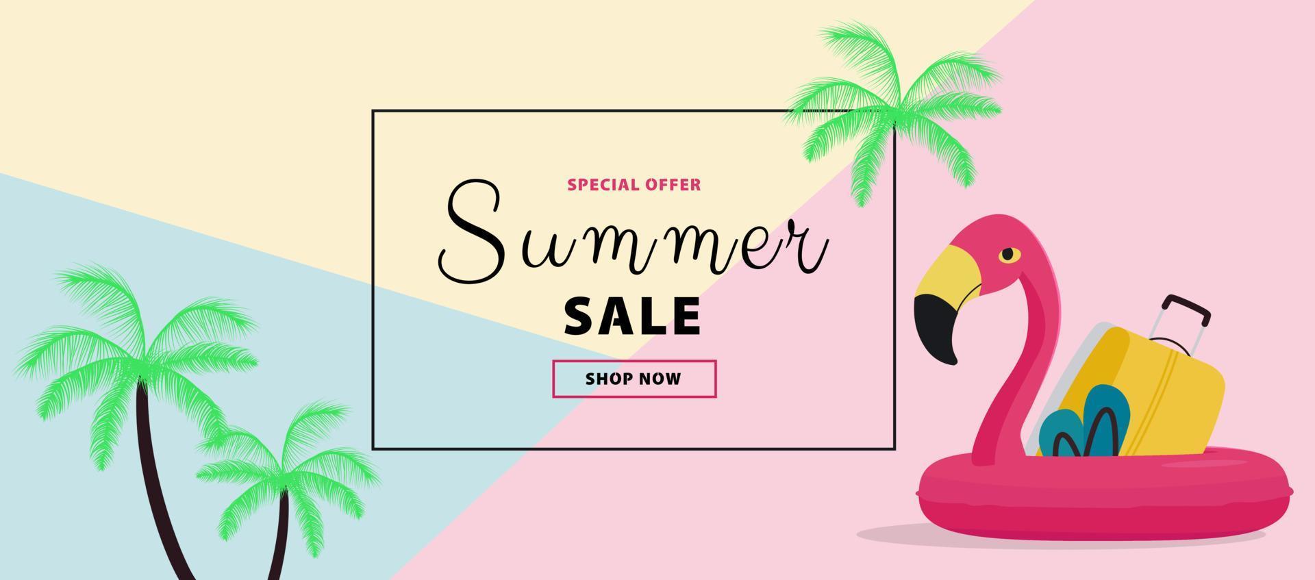 Summer sale banner with the flamingo inflatable ring. Vector illustration